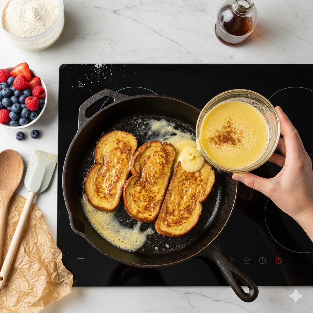 Preparación de tostadas francesas keto en sartén, receta baja en carbohidratos paso a paso