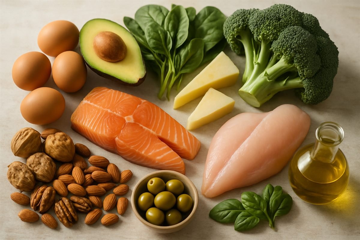 Alimentos permitidos en keto: huevo, aguacate, verduras, queso, salmón y nueces