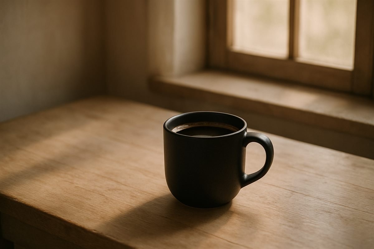 Taza de café solo sobre una mesa de madera junto a una ventana con luz de la mañana