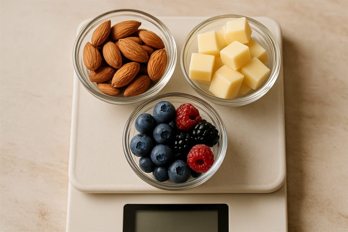 Almendras, cubos de queso y frutos rojos medidos en tazones de vidrio sobre una báscula