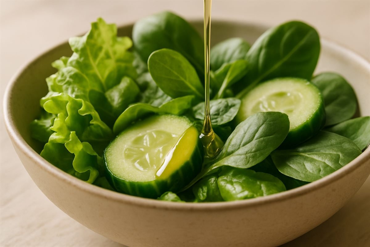 Ensalada verde con aceite de oliva servida en un tazón de cerámica
