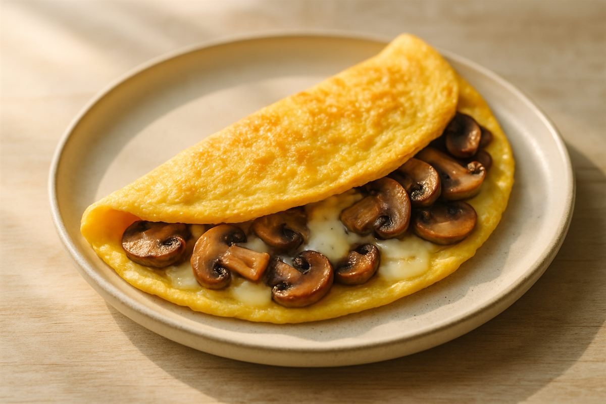 Omelette dorado relleno de champiñones salteados y queso derretido