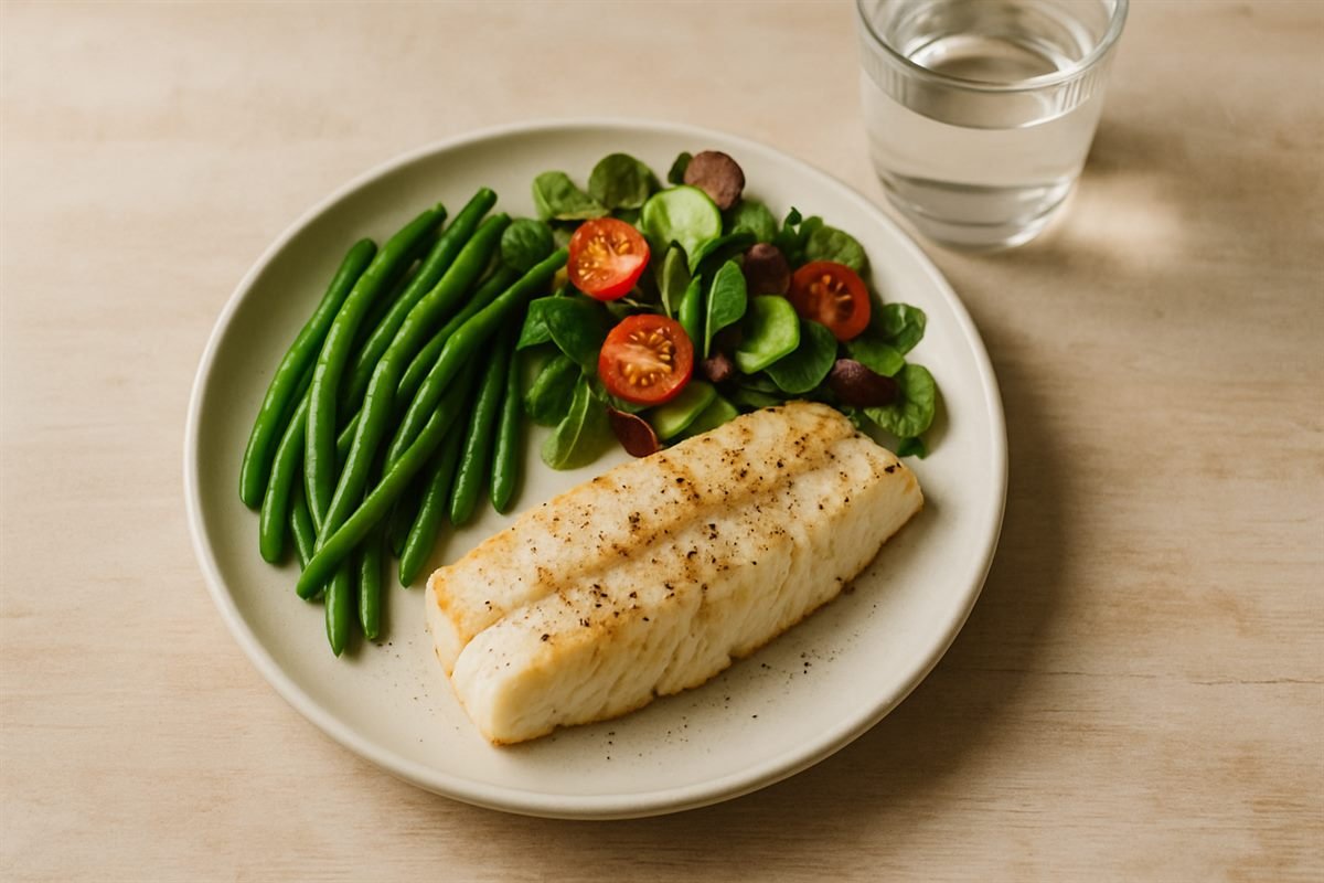 Plato equilibrado con pescado al horno, ejotes al vapor y ensalada, junto a un vaso de agua