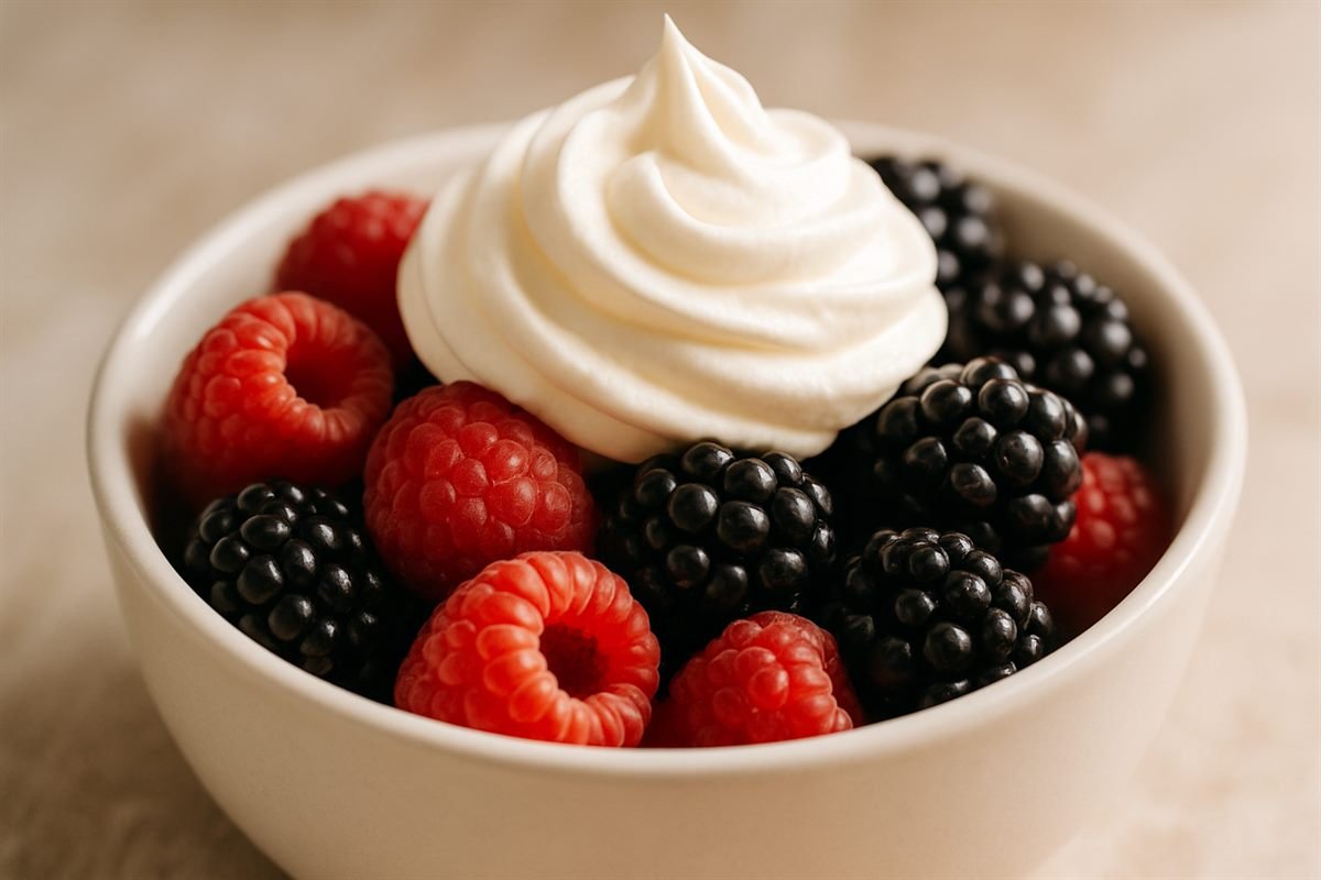 Frambuesas y zarzamoras frescas con crema batida en un tazón blanco