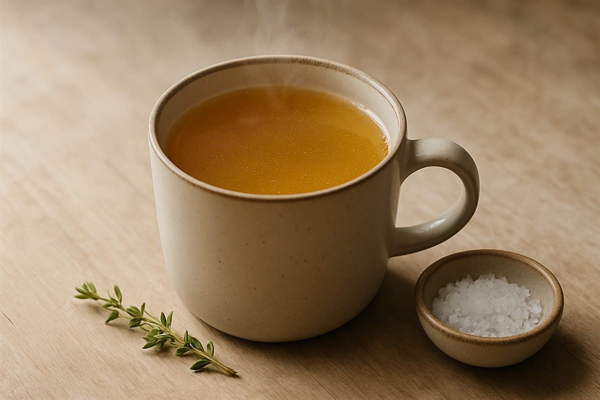 Taza de caldo caliente junto a un cuenco de sal en escamas y una rama de tomillo