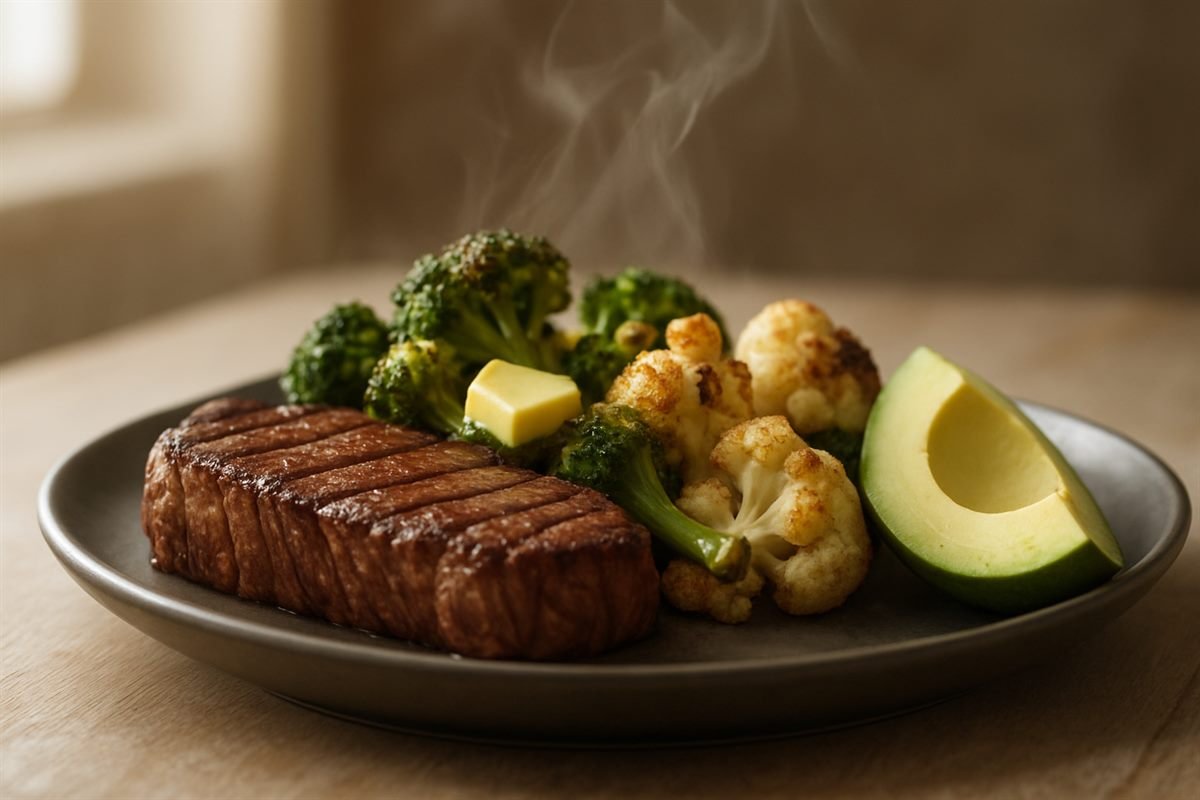 Plato keto con carne asada, brócoli y coliflor salteados en mantequilla y aguacate