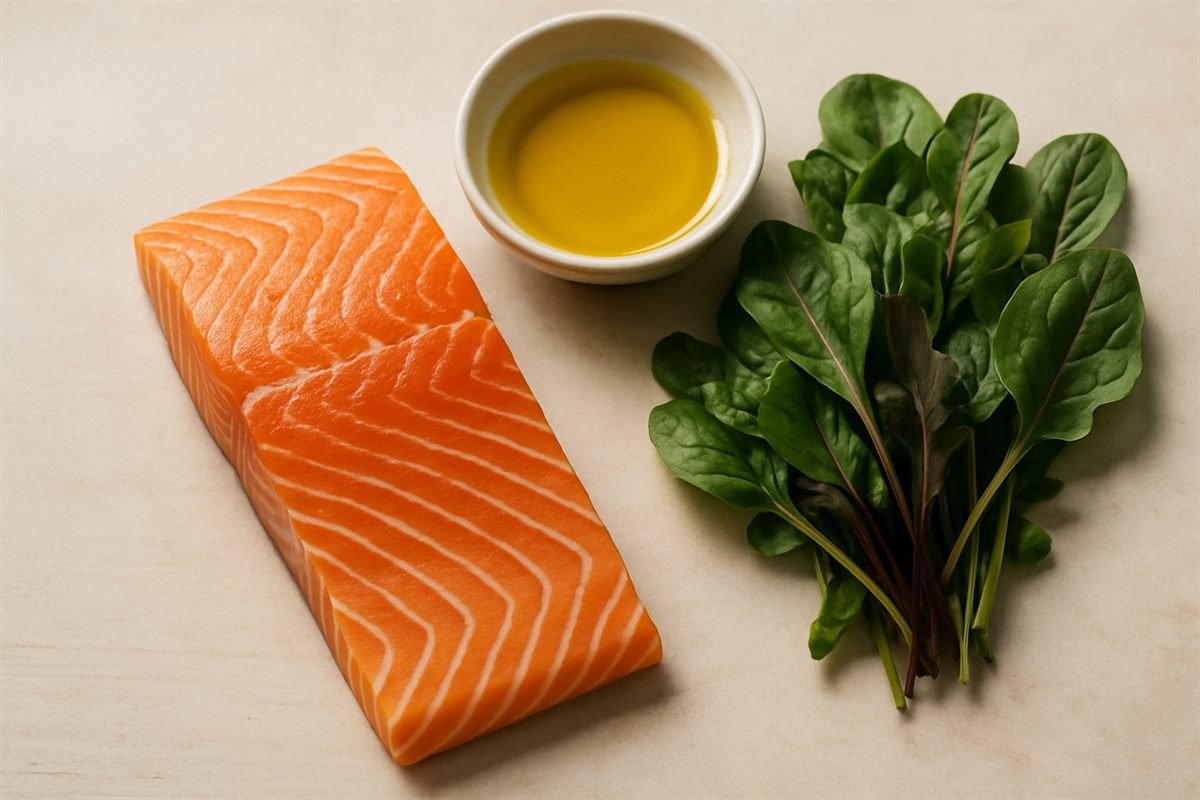Filete de salmón, aceite de oliva y hojas verdes separados sobre una superficie clara
