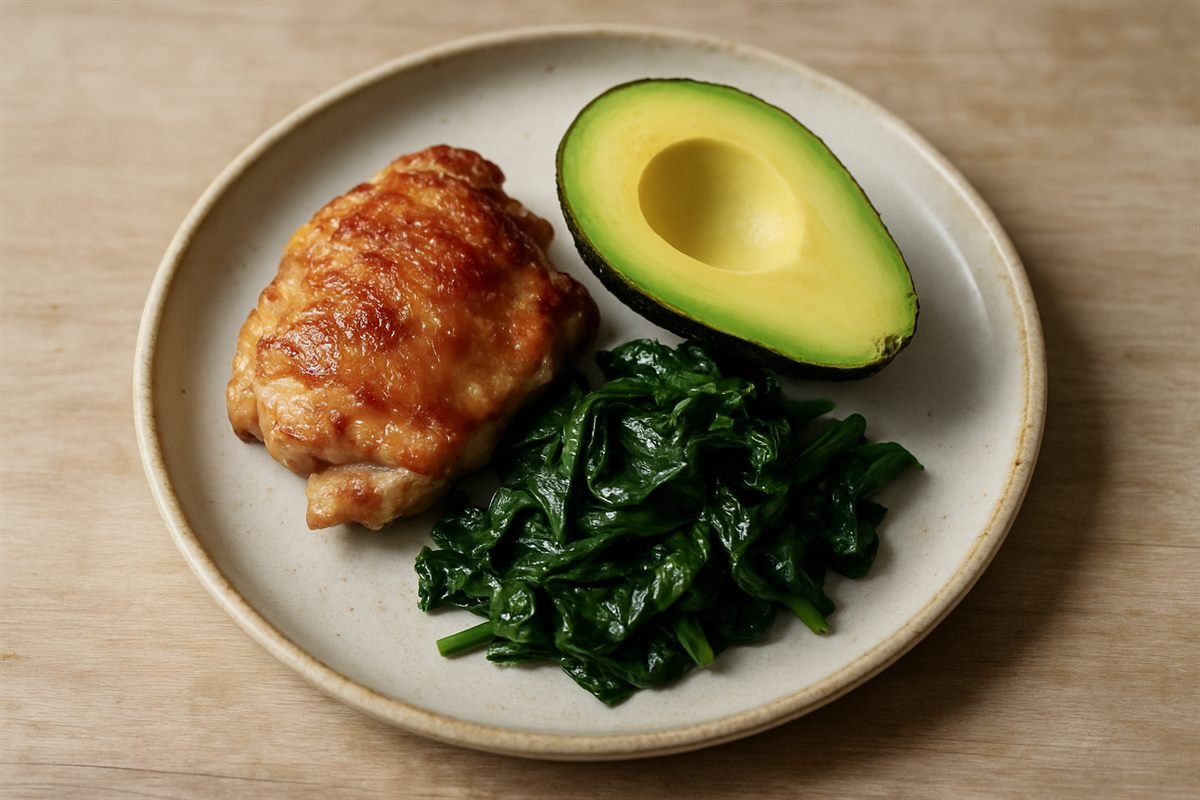 Comida keto de entre semana: muslo de pollo asado, espinaca salteada y medio aguacate