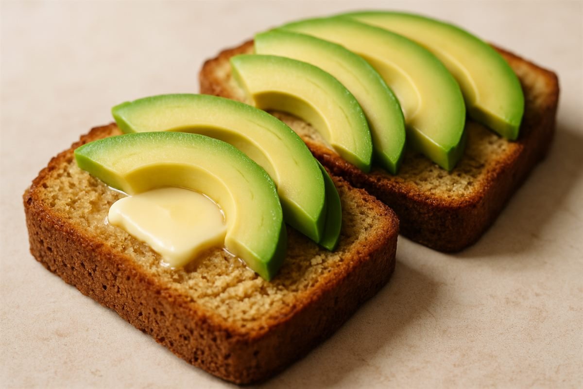Rebanadas de pan keto de harina de almendra tostadas con mantequilla y aguacate