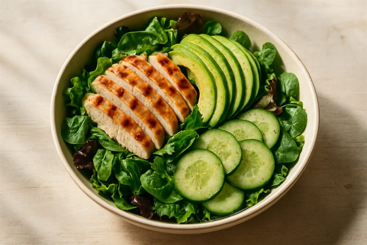 Ensalada grande con pollo a la plancha, aguacate, pepino y hojas verdes con aceite de oliva