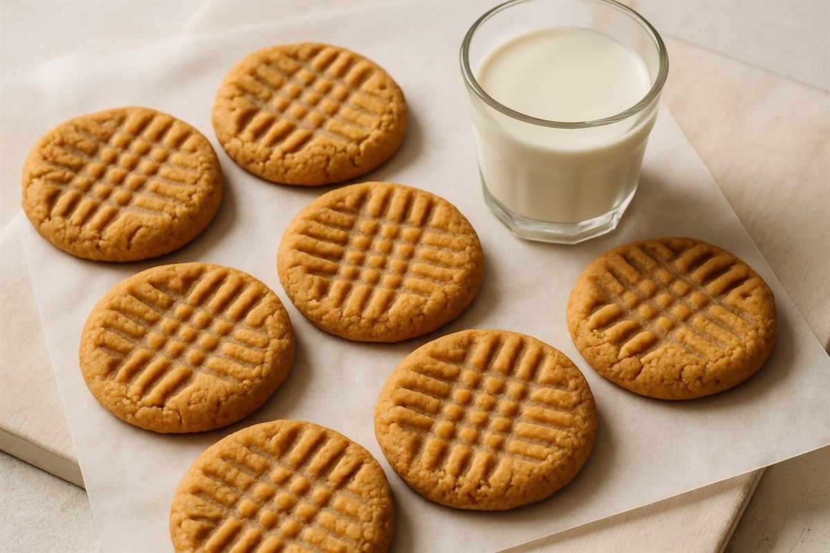 Galletas keto de crema de cacahuate con marcas de tenedor enfriándose sobre papel
