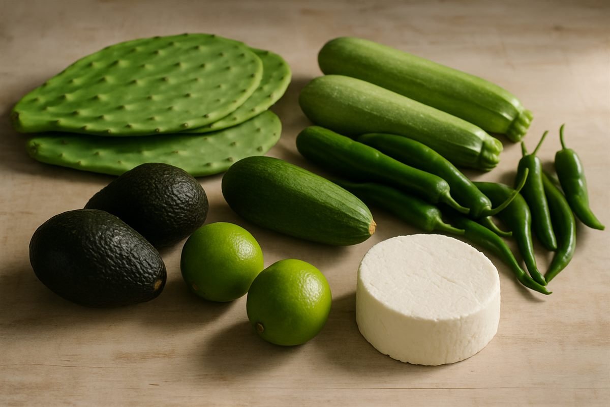 Nopales, calabacitas, chiles verdes, aguacates, limones y queso fresco sobre una mesa de madera