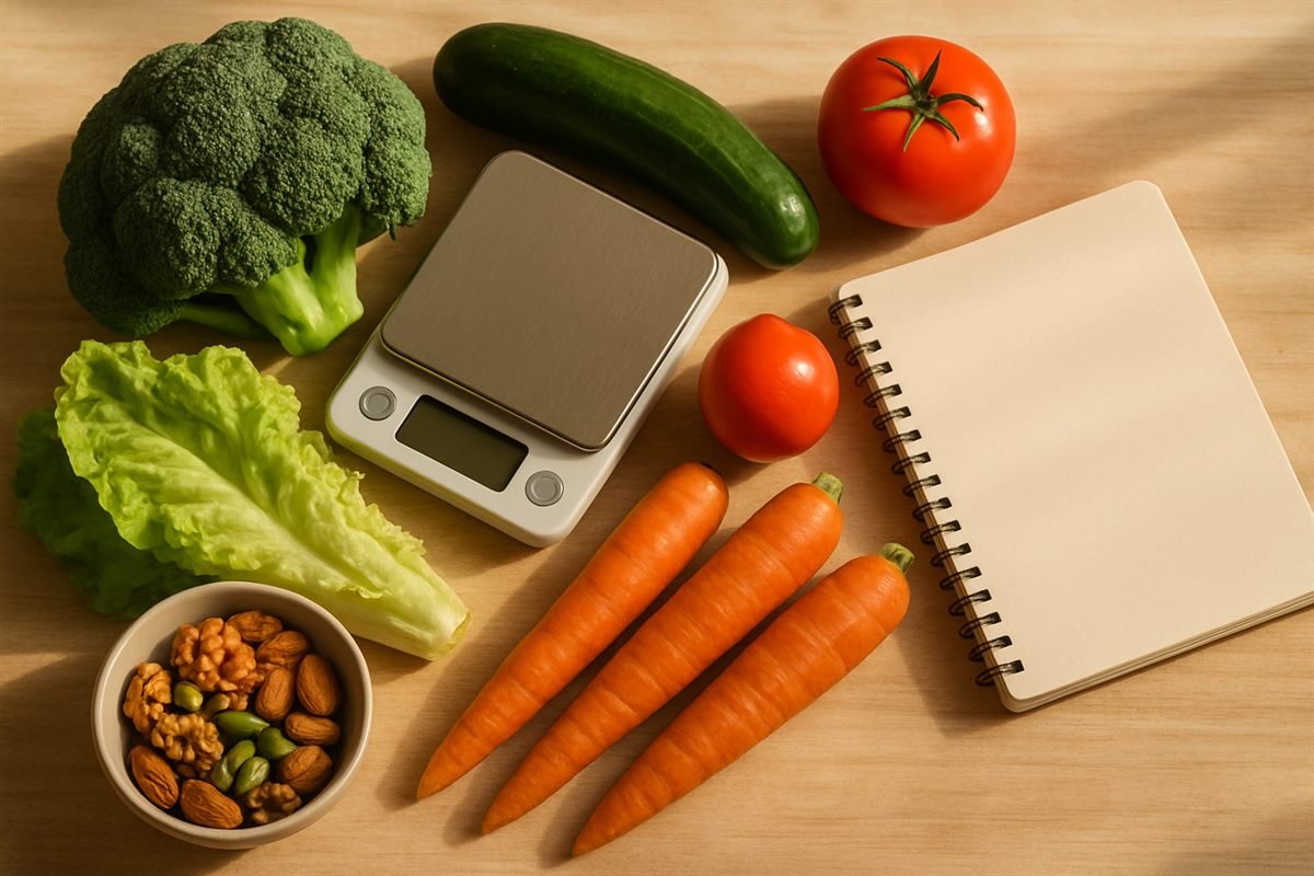 Verduras y frutos secos junto a una báscula de cocina para contar carbohidratos netos