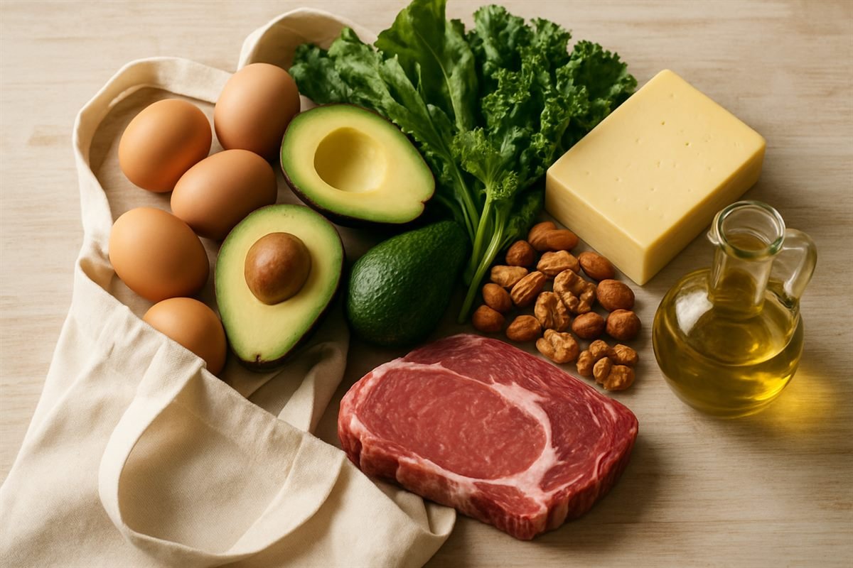 Bolsa de compras con alimentos keto: huevo, aguacate, verduras, queso y carne