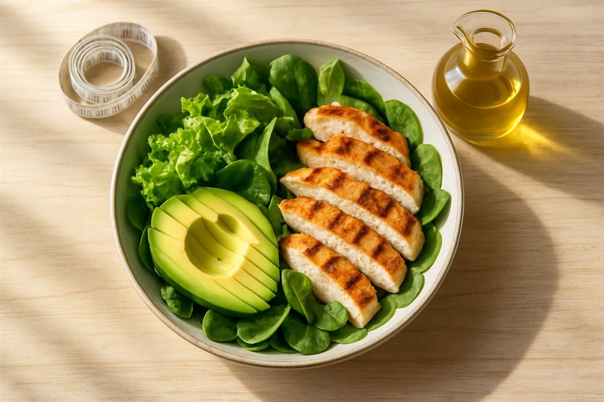Ensalada keto con pollo y aguacate junto a una cinta métrica