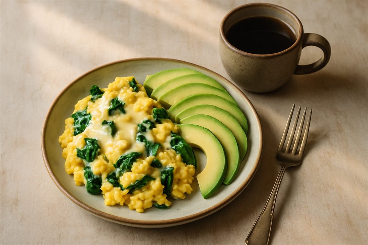Desayuno keto: huevos revueltos con espinaca y queso, aguacate y café solo