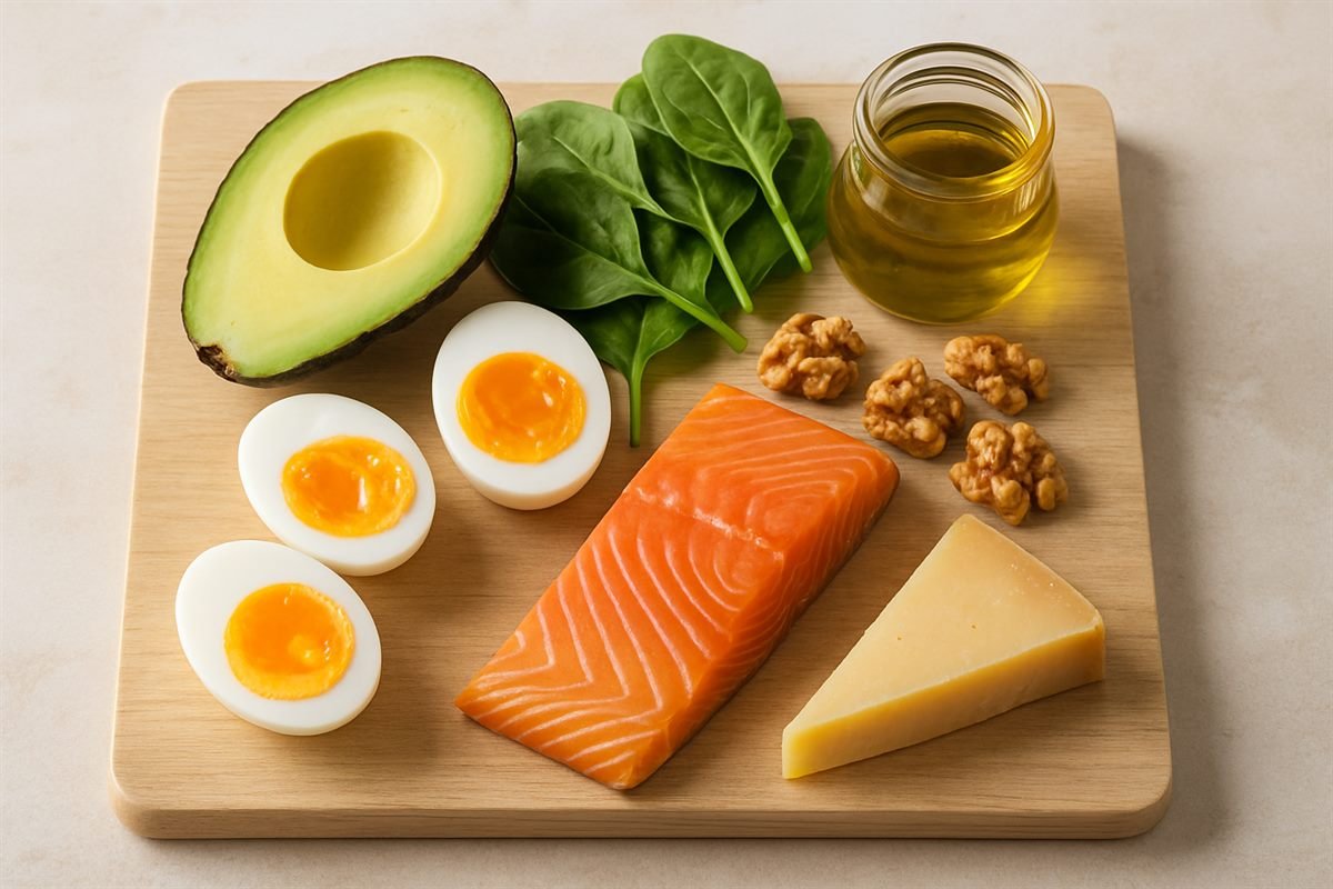 Alimentos base de la dieta keto: aguacate, huevo, salmón, espinaca, nueces y queso
