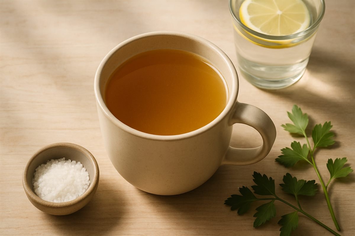 Caldo salado, sal gruesa y agua con limón para la gripe keto
