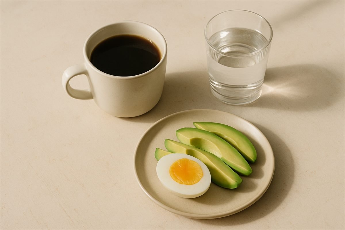 Café solo, agua y un plato con huevo y aguacate para romper el ayuno