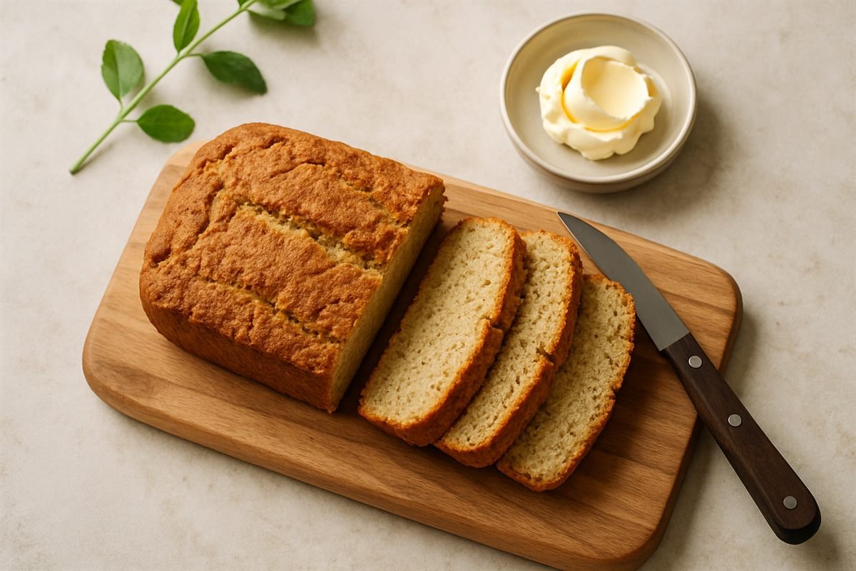 Pan keto de harina de almendra recién horneado y rebanado sobre tabla de madera
