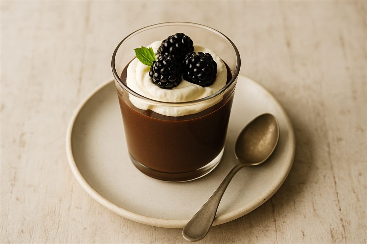 Mousse de chocolate keto con crema batida y zarzamoras frescas